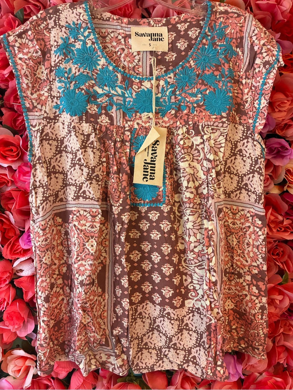 Savanna Jane Brown Floral Peasant Top with Teal Embroidery